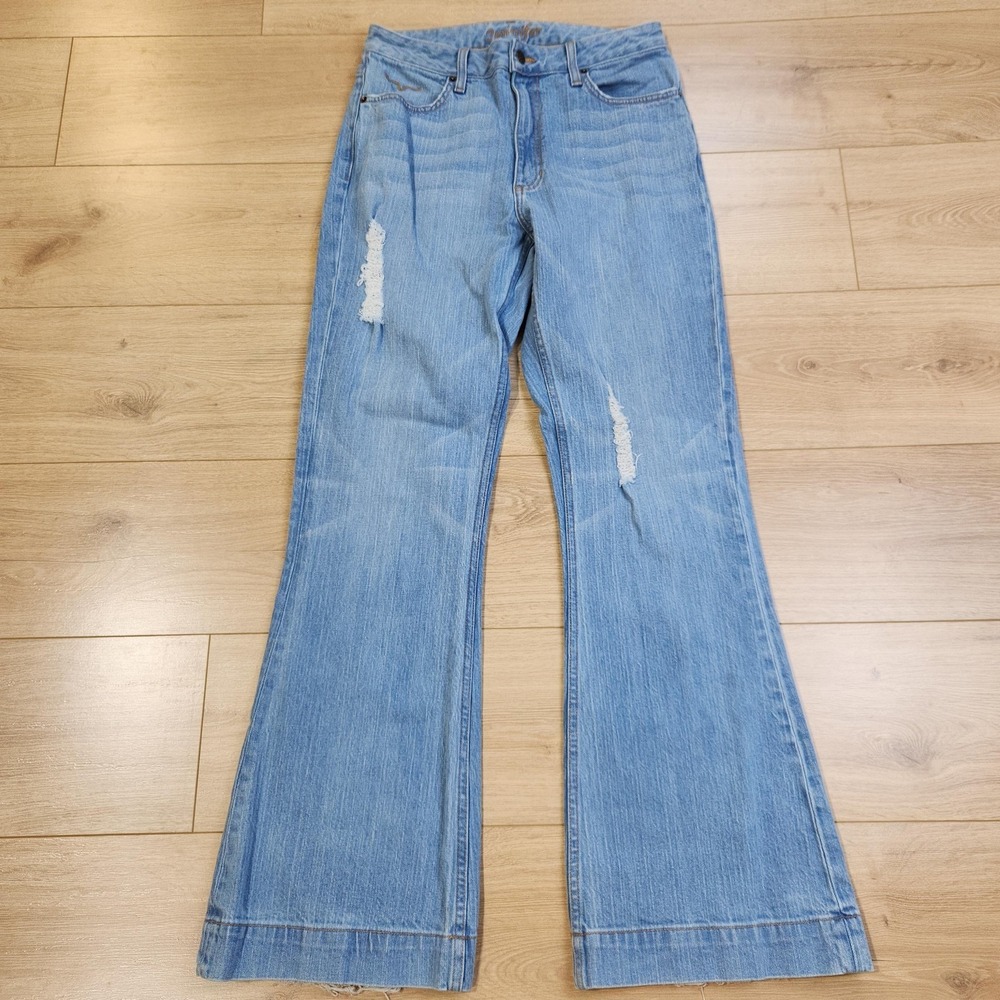 Kimes Ranch Jennifer Jeans Womens 8/34 Light Wash Blue Flare Distressed Denim